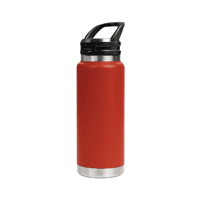 A drink bottle in red with a stainless steel base and a sipper handle lid. It features a logo on the side.