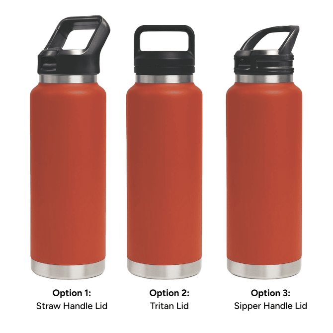 A drink bottle in vibrant orange with three different lid options: straw handle, Tritan lid, and sipper handle.