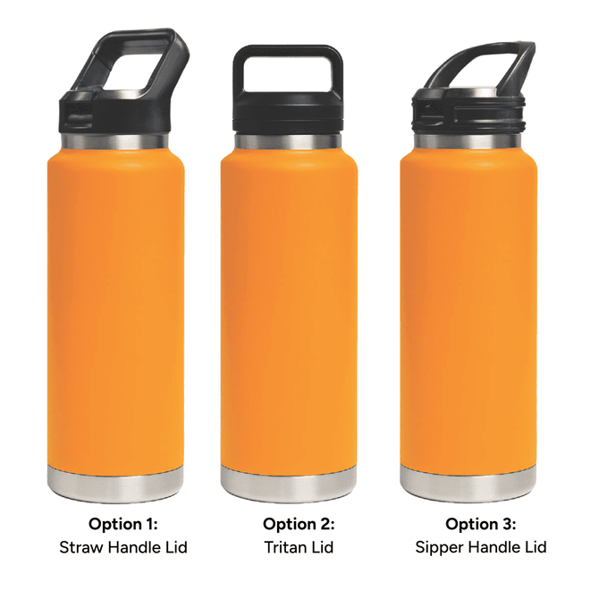 A drink bottle in bright orange with three different lid options: Straw Handle, Tritan, and Sipper Handle.