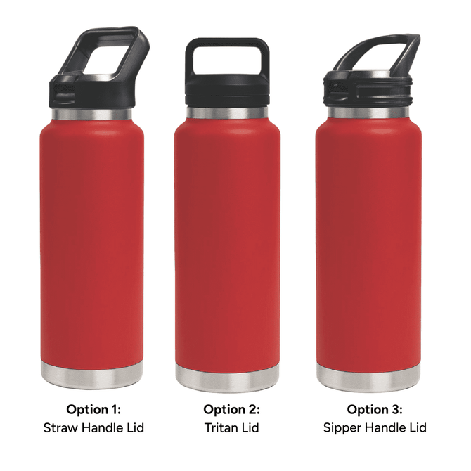 A drink bottle in red, featuring three different lid options: straw handle, Tritan, and sipper handle.