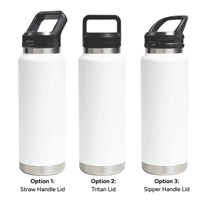 A drink bottle in white with three lid options: Straw Handle, Tritan Lid, and Sipper Handle, featuring a stainless steel base.