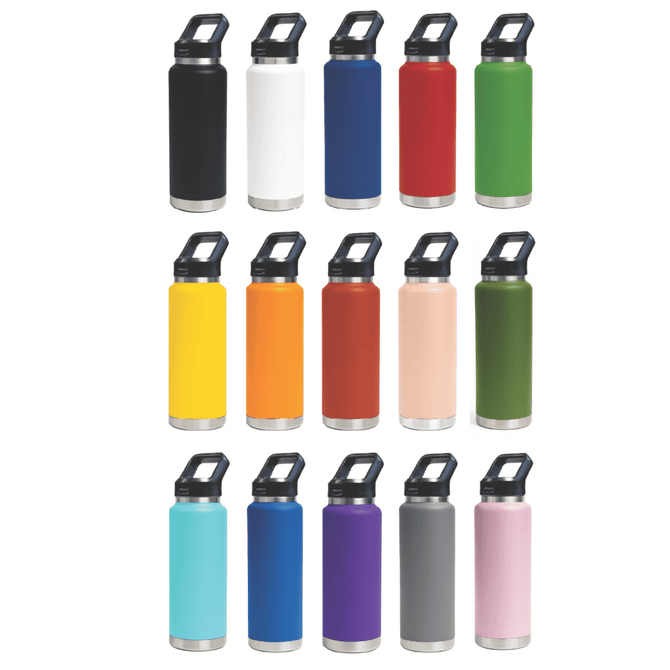 A drink bottle collection featuring 15 bottles in various colours, including black, white, red, green, and blue, with a logo.