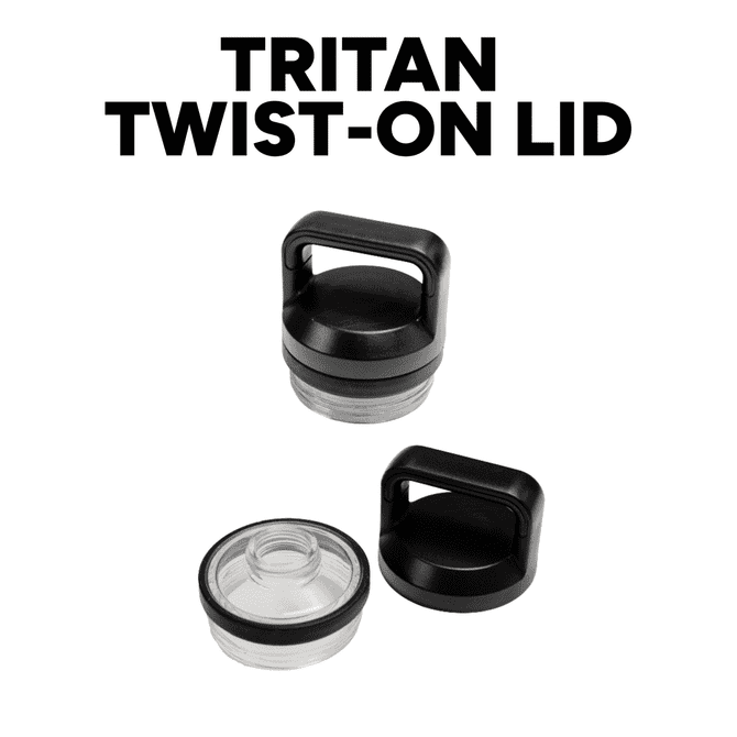 A drink bottle featuring a Tritan twist-on lid in black with a handle and a clear base. Includes interchangeable lid options.