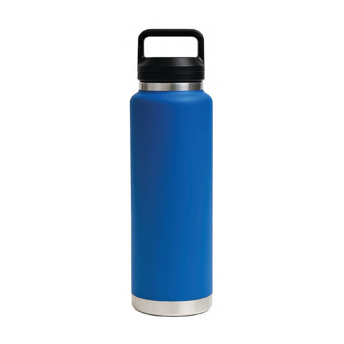 A drink bottle in a vibrant blue colour with a stainless steel base and a black Tritan lid. It features a logo.