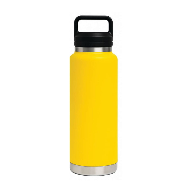 A drink bottle in bright yellow with a stainless steel base and a black Tritan lid, featuring a handle and a logo.