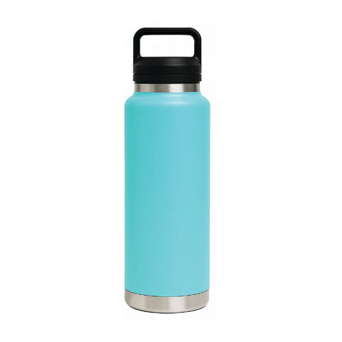 A drink bottle in a light blue colour with a stainless steel base and a black lid. The bottle features a logo.