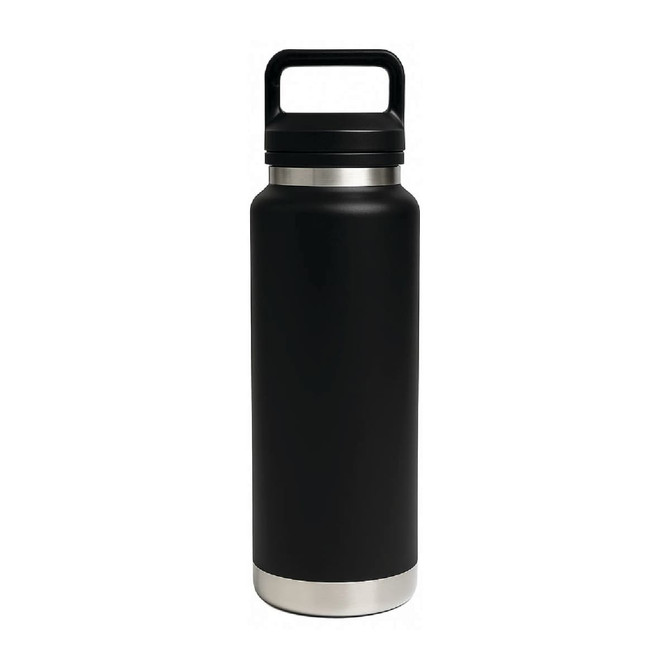 A drink bottle featuring a black body and silver base, with a Tritan lid and a handle, including a logo.