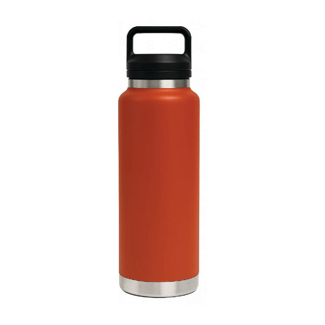 A drink bottle in vibrant orange with a stainless steel base and a black Tritan lid. It features a logo.