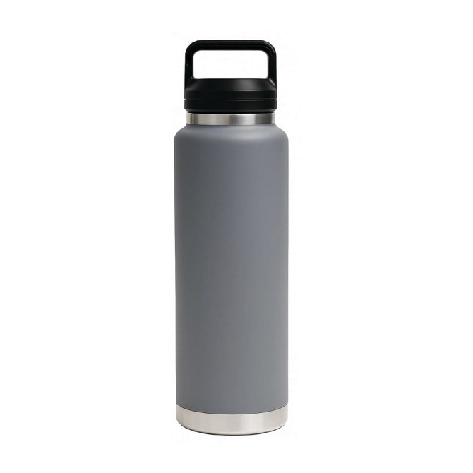 A drink bottle in grey with a stainless steel base and a black Tritan lid, featuring a handle for easy carrying.