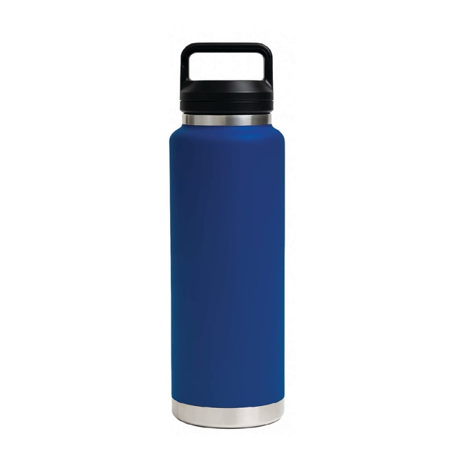A drink bottle in a vibrant blue colour with a stainless steel base and a black Tritan lid. It features a logo.
