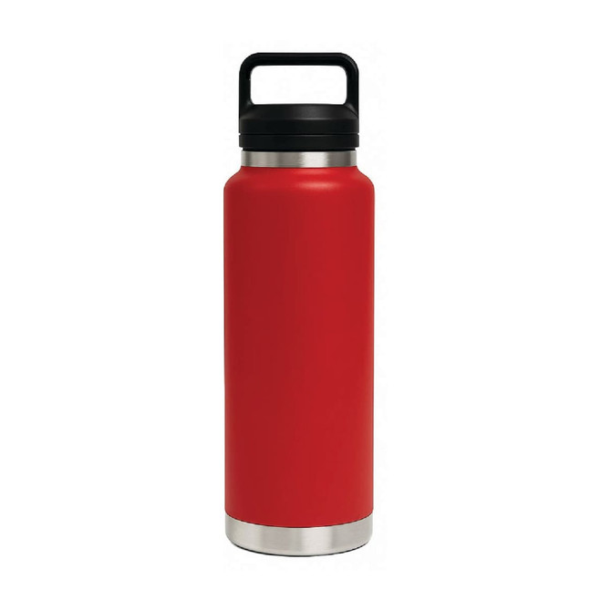 A drink bottle in vibrant red with a silver base and a black Tritan lid, featuring a handle and a logo.
