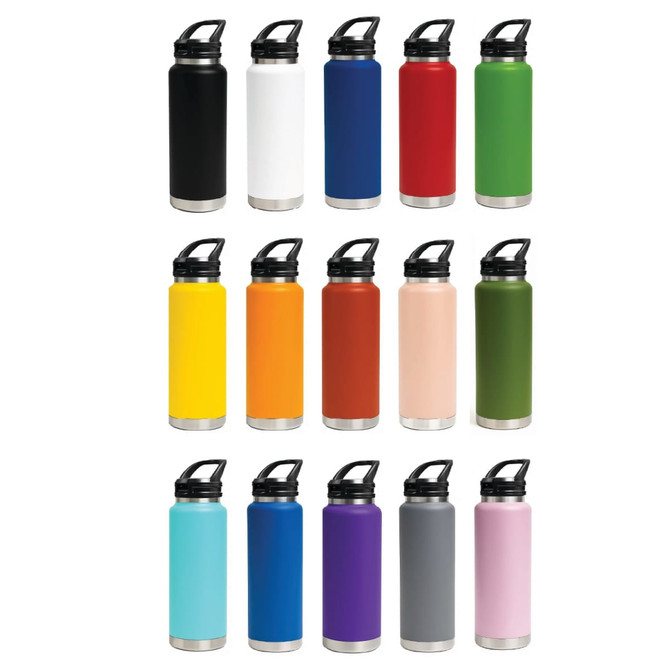 A drink bottle collection featuring various colours including black, white, red, green, yellow, orange, pink, and blue, with a sipper handle lid.