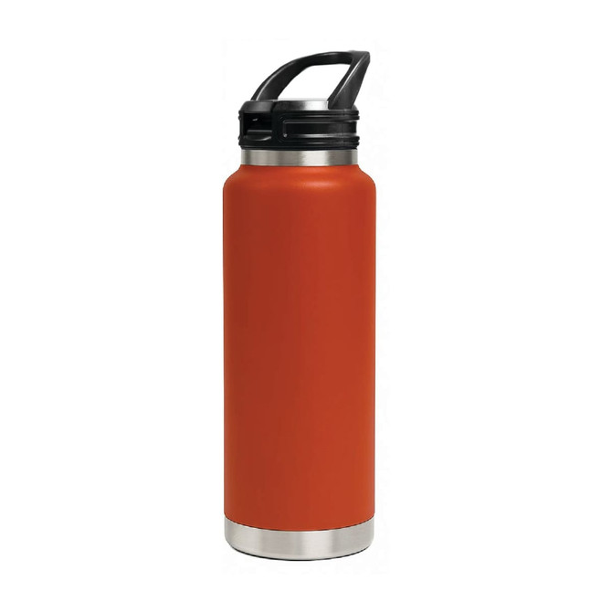 A drink bottle in orange with a stainless steel base and a sipper handle lid. It features a logo.