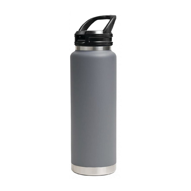 A drink bottle in matte grey with a sipper handle lid and stainless steel base, featuring a logo.