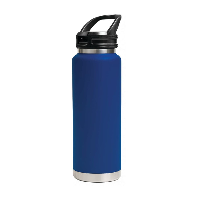 A drink bottle in blue, featuring a sipper handle lid and a stainless steel base with a logo.