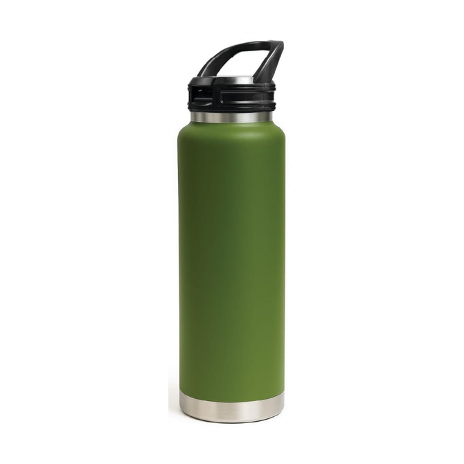 A drink bottle in matte olive green, featuring a sipper handle lid and a stainless steel base. It has a logo on the side.