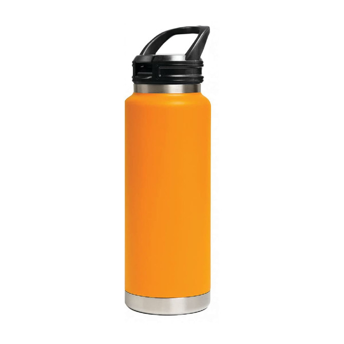 A drink bottle in bright orange with a stainless steel base and a sipper handle lid. Features a logo.