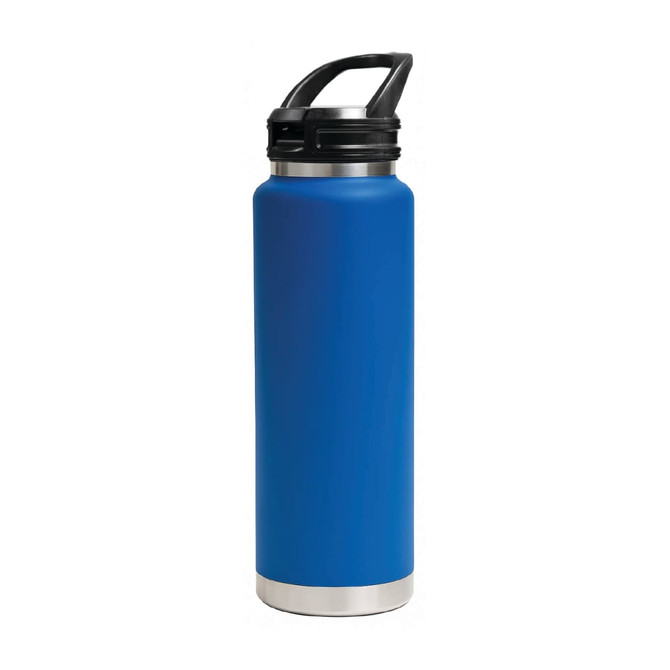 A drink bottle in a vibrant blue finish with a metal base and a black sipper handle lid. Features a logo.