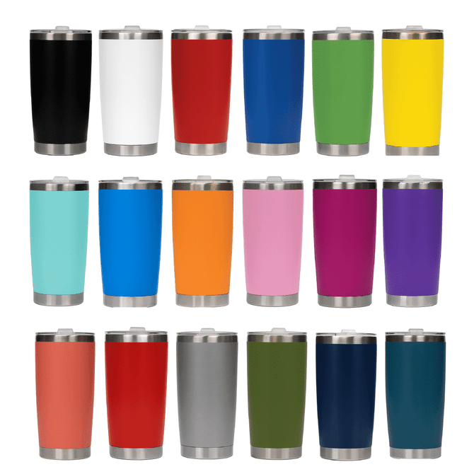 A drink bottle featuring various coloured stainless steel cups with a silver rim and a logo on each.
