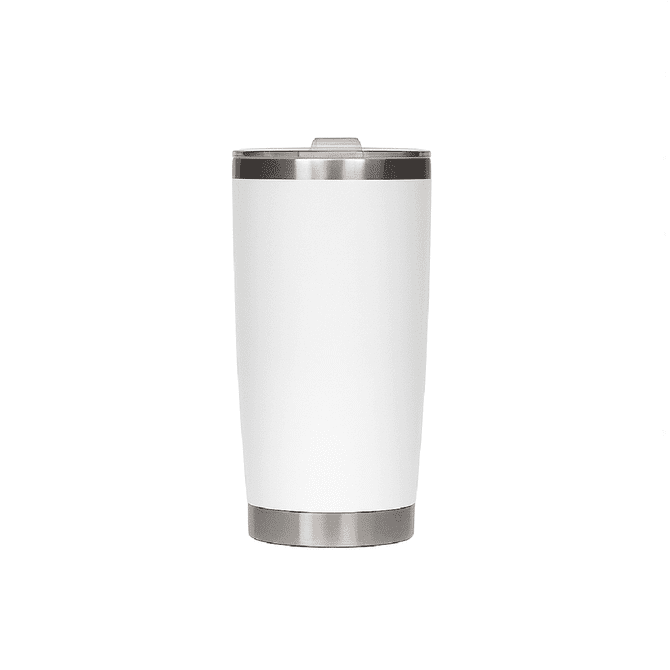 A drink bottle in white stainless steel with a silver lid and a logo.
