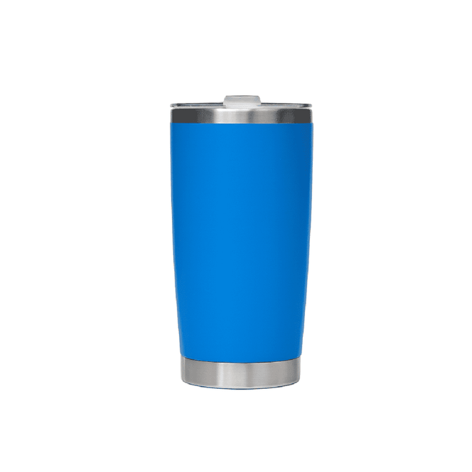 A drink bottle in bright blue stainless steel with a silver rim and a lid, featuring a logo.