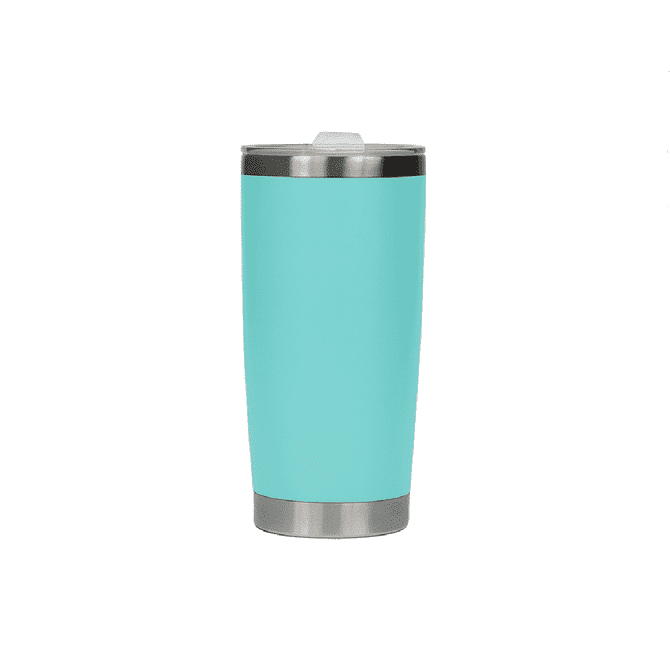 A drink bottle in a solid light blue colour, featuring a stainless steel lid and base, with a logo.