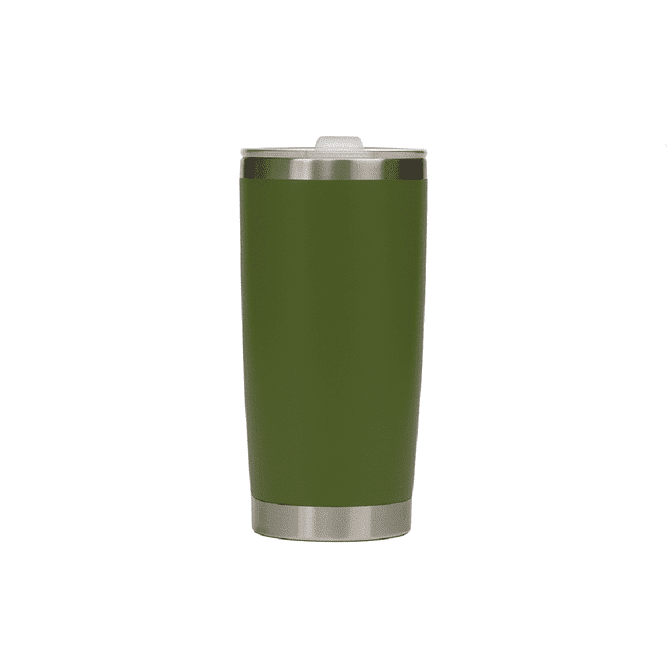 A drink bottle in matte olive green stainless steel with a silver rim and a clear lid. Features a logo.