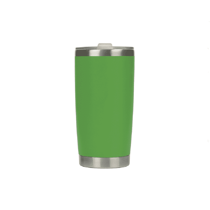 A drink bottle in vibrant green stainless steel with a silver base and fitted lid, featuring a logo.