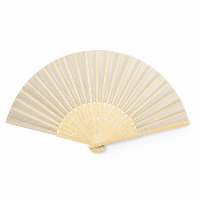 A Bamboo Hand Fan featuring natural bamboo ribbing and a light, neutral fabric. It has a simple design with a logo.