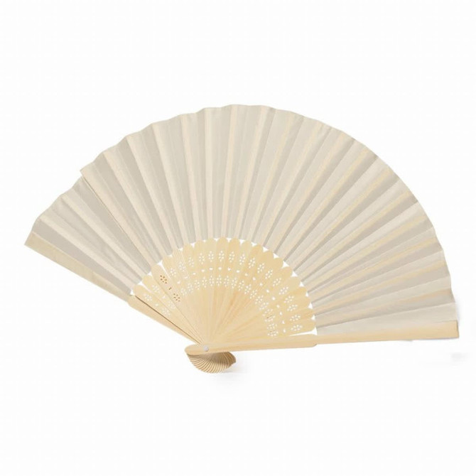 A bamboo hand fan in natural beige with intricate cut-out patterns and a curved handle.