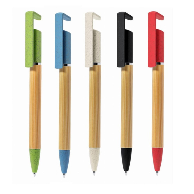 A set of five eco ball pens featuring bamboo bodies and coloured tops in green, blue, white, black, and red.