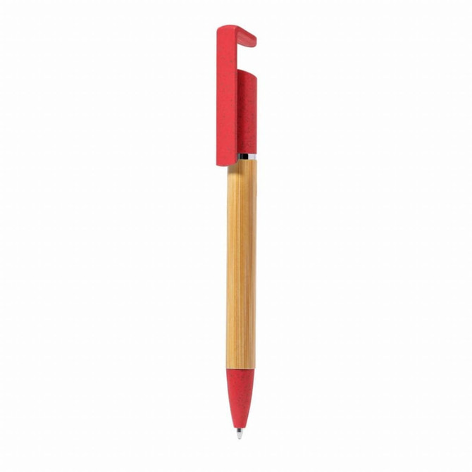 A bamboo and wheat straw eco ball pen with a red cap and tip, featuring a holder.