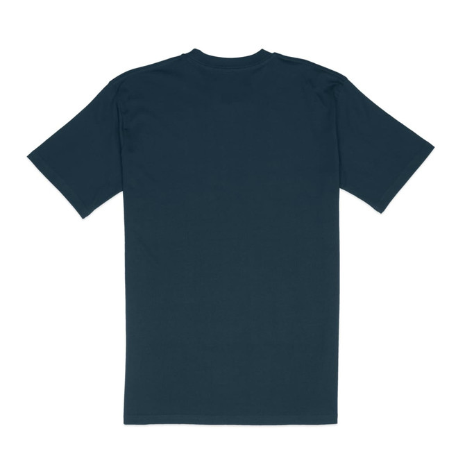 A classic fit tee in navy blue with short sleeves and a round neckline, featuring a branding logo.