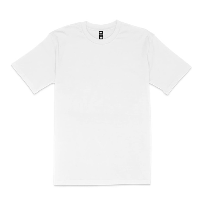 A plain white classic fit tee featuring short sleeves and a round neck, with a logo tag inside the collar.