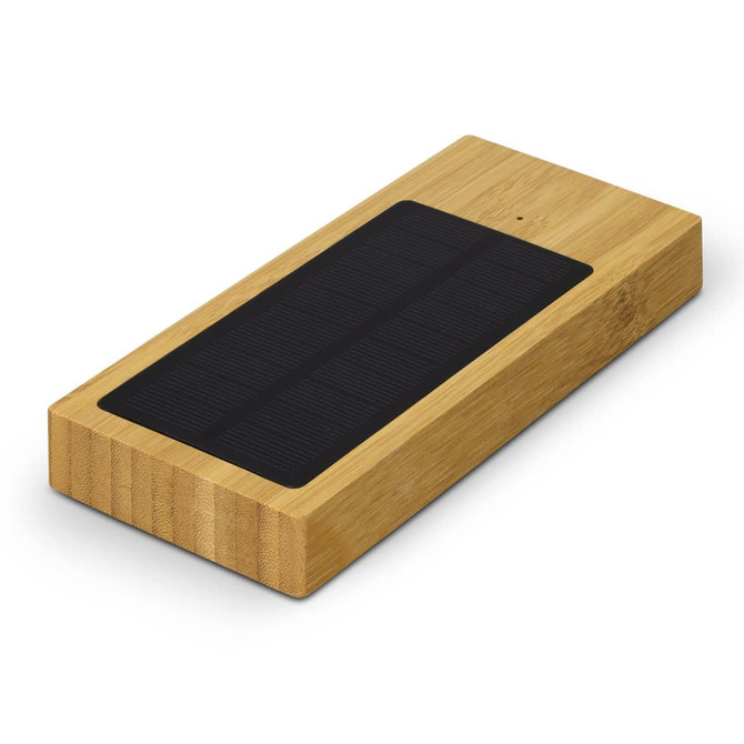 A bamboo solar power bank with a sleek design, featuring a black solar panel on top.