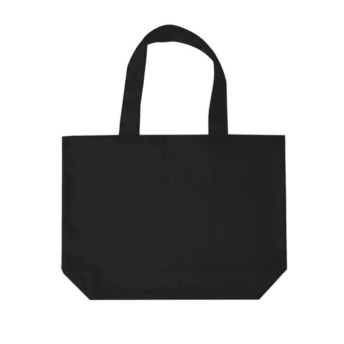 A black tote bag with two handles and a simple design, featuring a logo on one side.