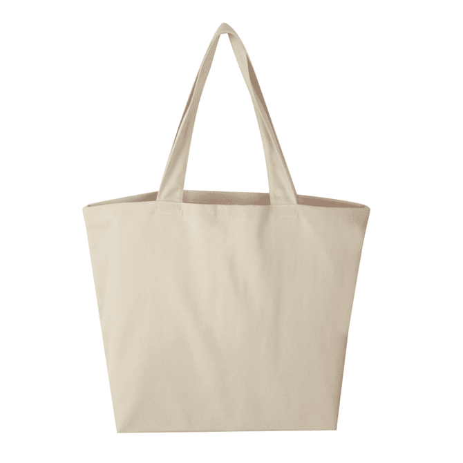 A beige tote bag with sturdy handles and a spacious design, featuring a logo on the front.