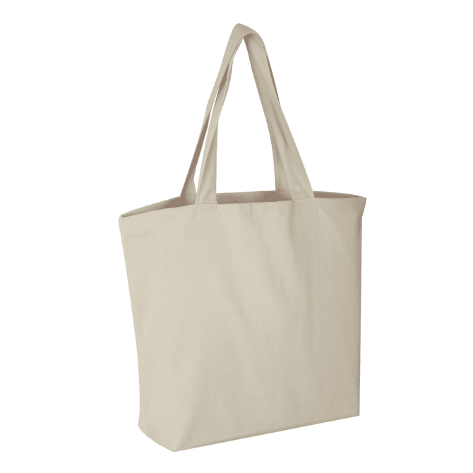 A cream-coloured tote bag with two shoulder straps and a simple design. It features a logo on the side.