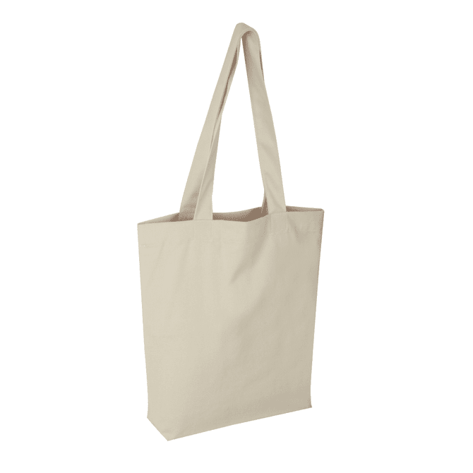 A beige tote bag with long handles and a simple design, featuring a logo on one side.