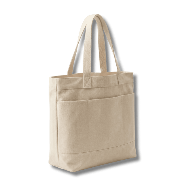 A beige tote bag with three pockets and two handles, featuring a logo on the side.