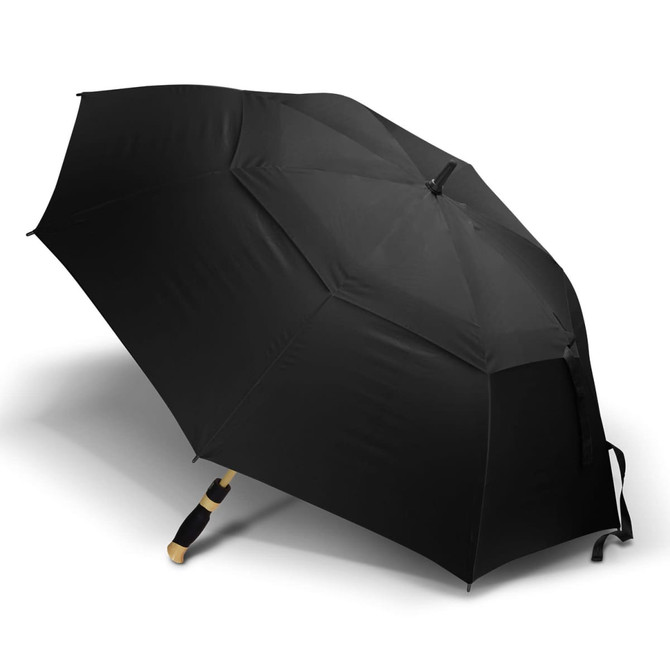 A black sports umbrella with a wooden handle and a sturdy design. It features a logo on the fabric.