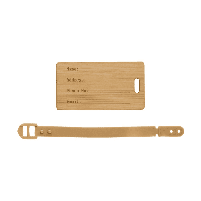 A bamboo luggage tag with a beige strap, featuring spaces for personal information and a logo.