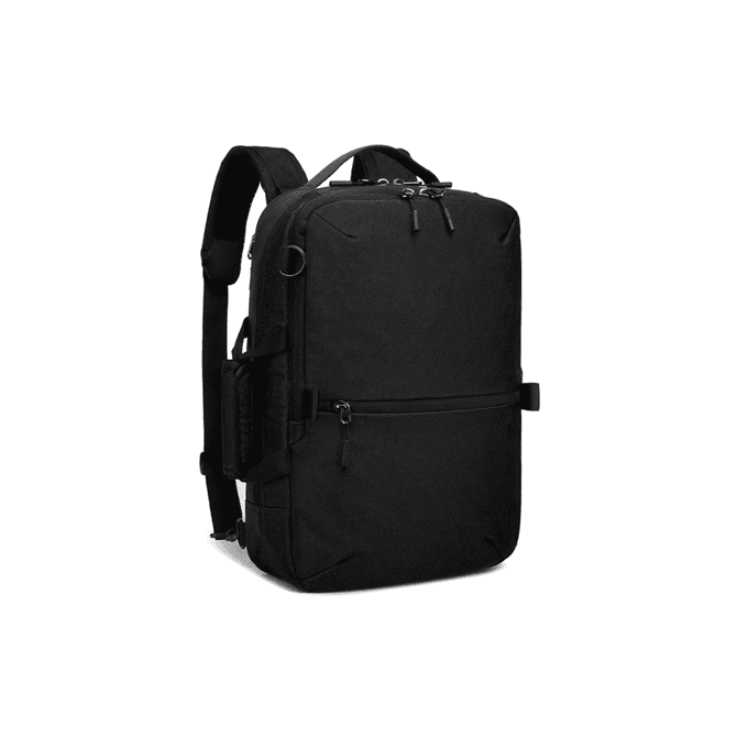 A black backpack with multiple compartments and straps, featuring a logo on the front.