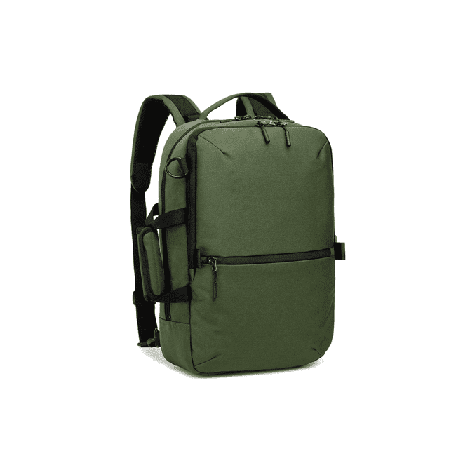 A green backpack with multiple compartments and adjustable straps, featuring a logo on the front.