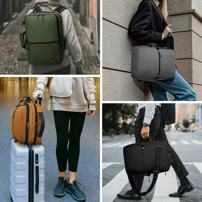 A green document backpack, a grey bag, an orange backpack on a suitcase, and a black bag. Various styles displayed outdoors.