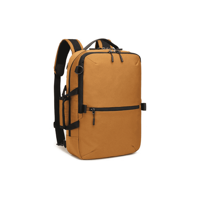 An orange backpack with black accents, featuring adjustable straps and multiple compartments. Includes a logo on the front.