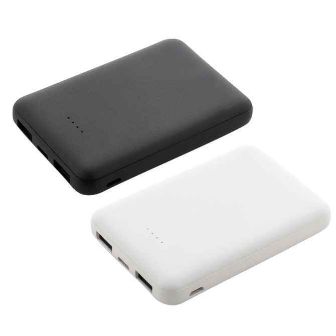 A black and a white power bank made from recycled ABS material, featuring ports and an indicator.