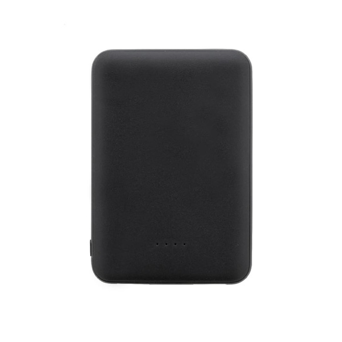 A black power bank made from recycled ABS material, featuring a logo and indicator lights on the front.