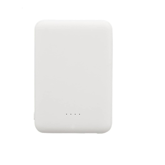 A white power bank made from recycled ABS material, featuring indicator lights and a compact design.