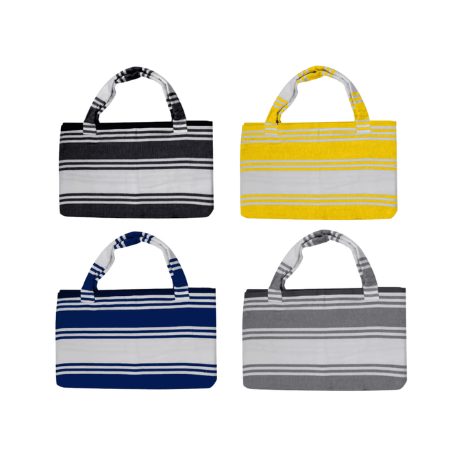 A foldable beach towel bag in four colour variations: black, yellow, navy blue, and grey, each with striped patterns.